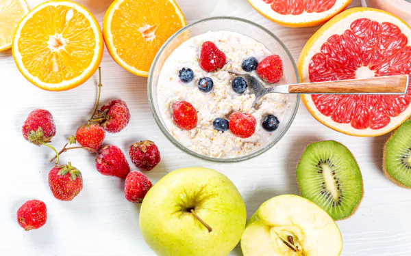 porridge still life kiwi orange (Fruit) berry muesli fruit strawberry apple food breakfast HD Desktop Wallpaper | Background Image