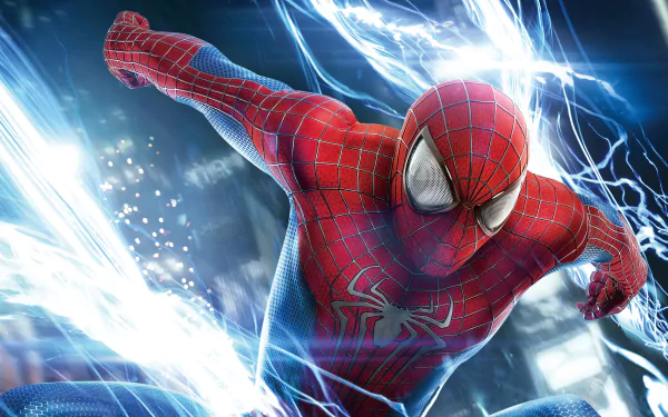 Comic-style Spider-Man in red suit lunging forward through crackling blue lightning, 8K Ultra HD PC desktop wallpaper and background.