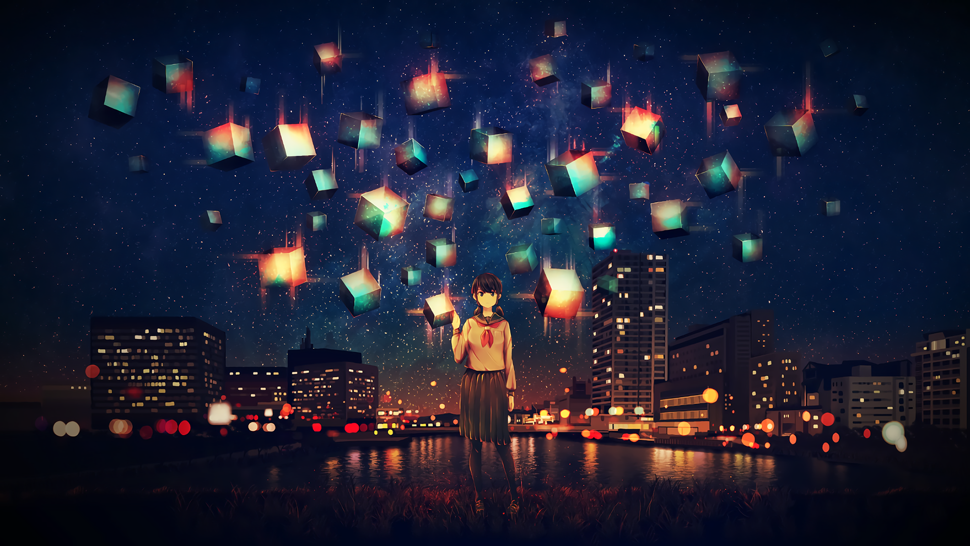 Anime-style HD wallpaper featuring a girl in a school uniform standing at night in a lit cityscape, with glowing cubes floating above her. The starry sky adds a magical touch to the scene.