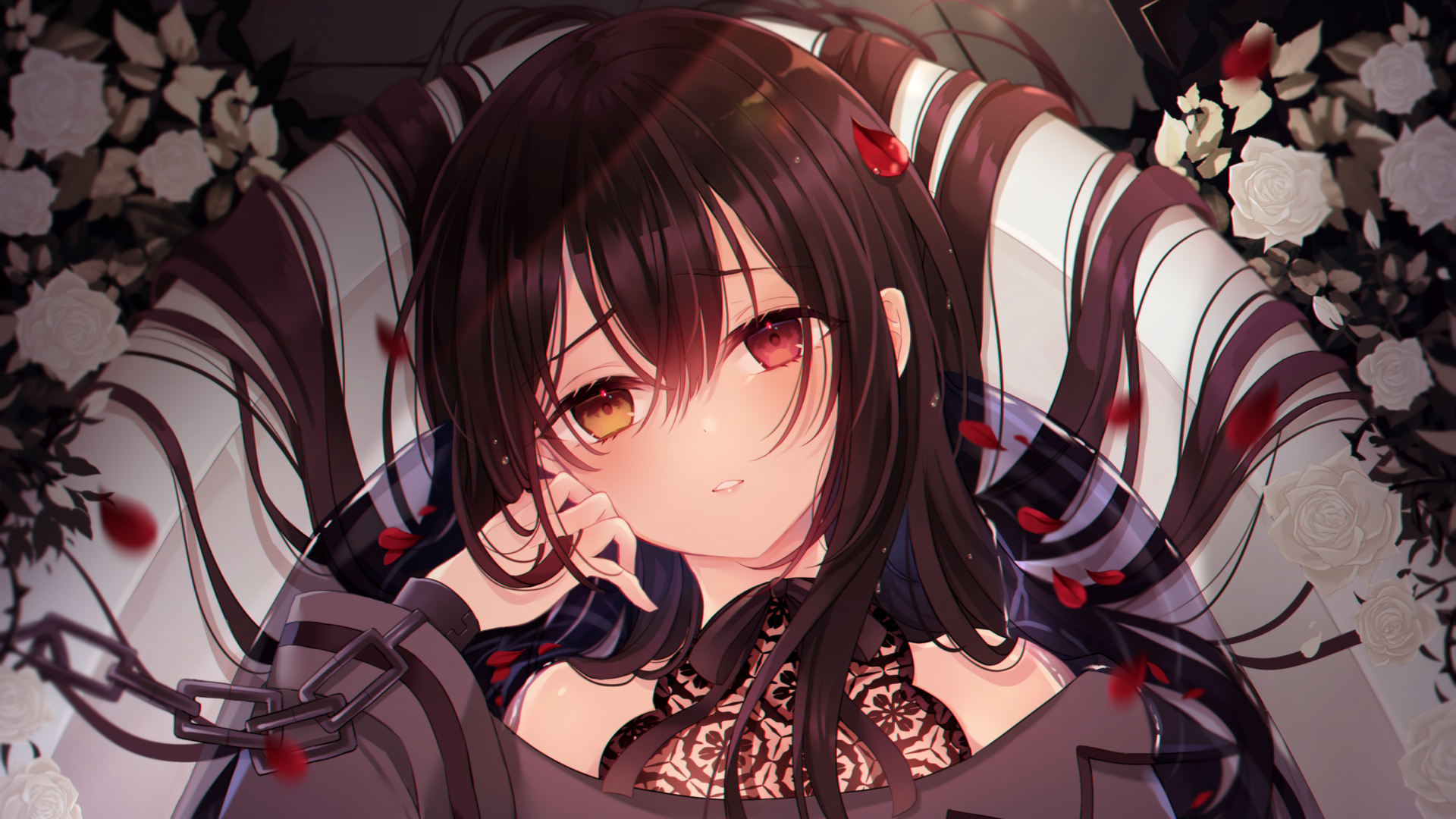 Anime-style original character with black hair and heterochromia, resting against a striped cushion surrounded by dark floral patterns in an HD desktop wallpaper.