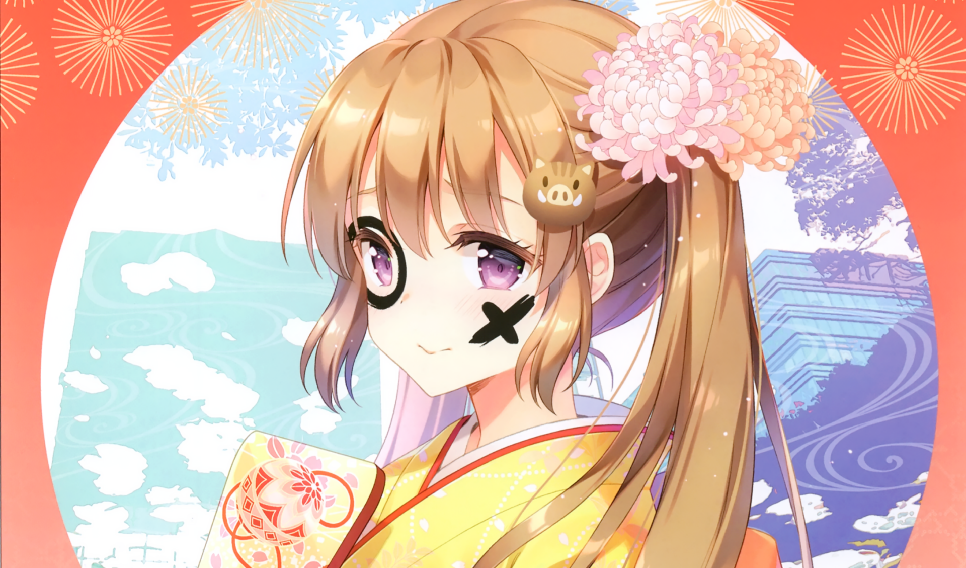Anime-style original character with brown hair, purple eyes, and a yellow yukata, set against a vibrant background with fireworks, designed as an HD PC desktop wallpaper.