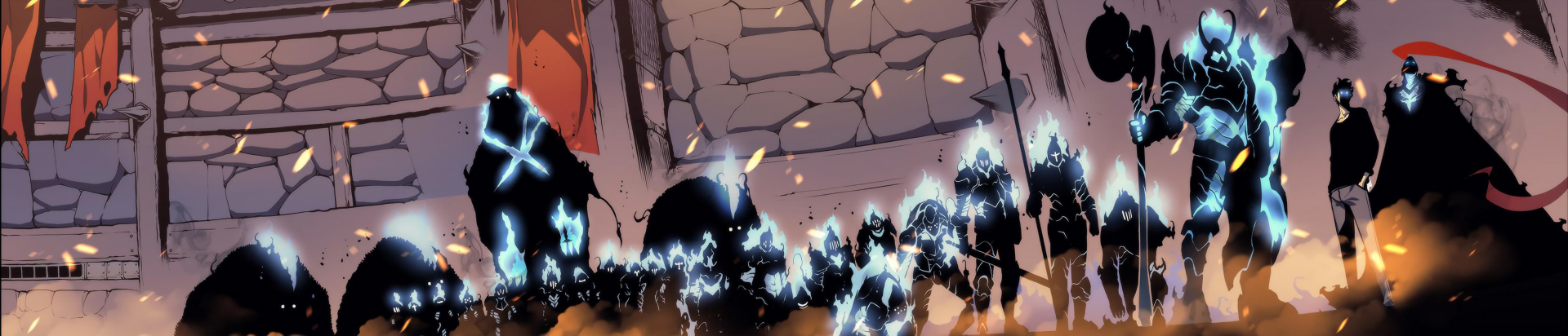 HD wallpaper featuring Sung Jin-Woo from the anime Solo Leveling, showcasing a group of illuminated warriors against a fantasy setting background with a stone wall and glowing embers.