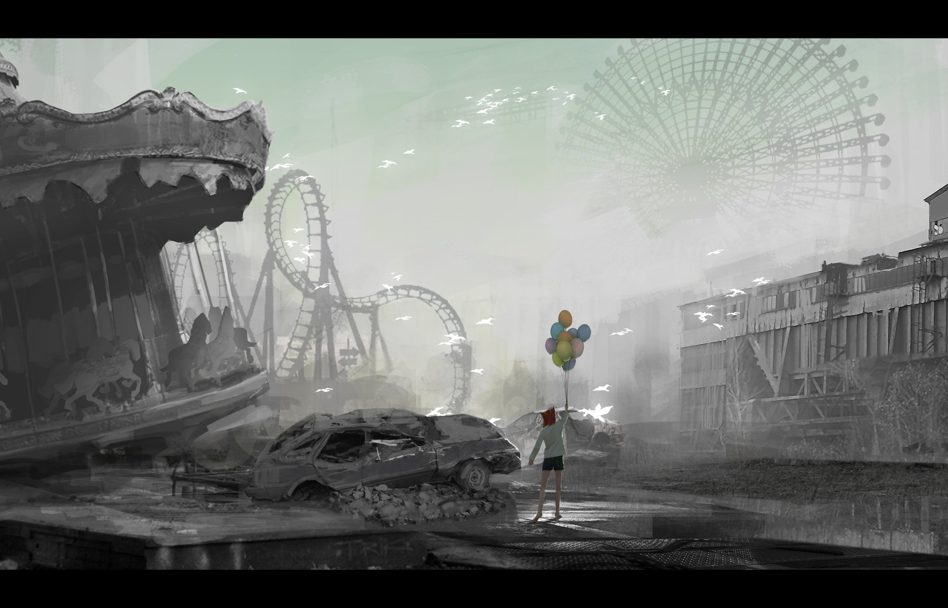 HD desktop wallpaper featuring an anime-inspired post-apocalyptic amusement park with a damaged roller coaster, swing ride, and a child holding balloons amidst the ruins.