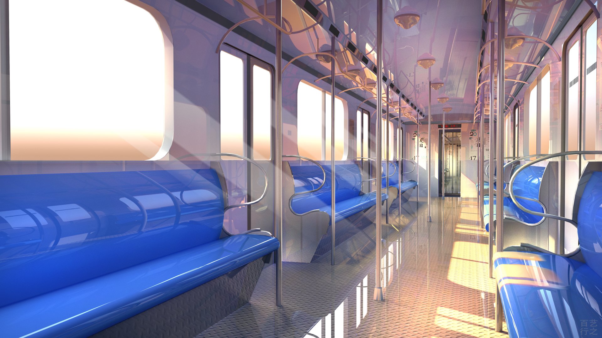 HD desktop wallpaper featuring an anime-style interior of a brightly lit train with blue seats and reflective floors.