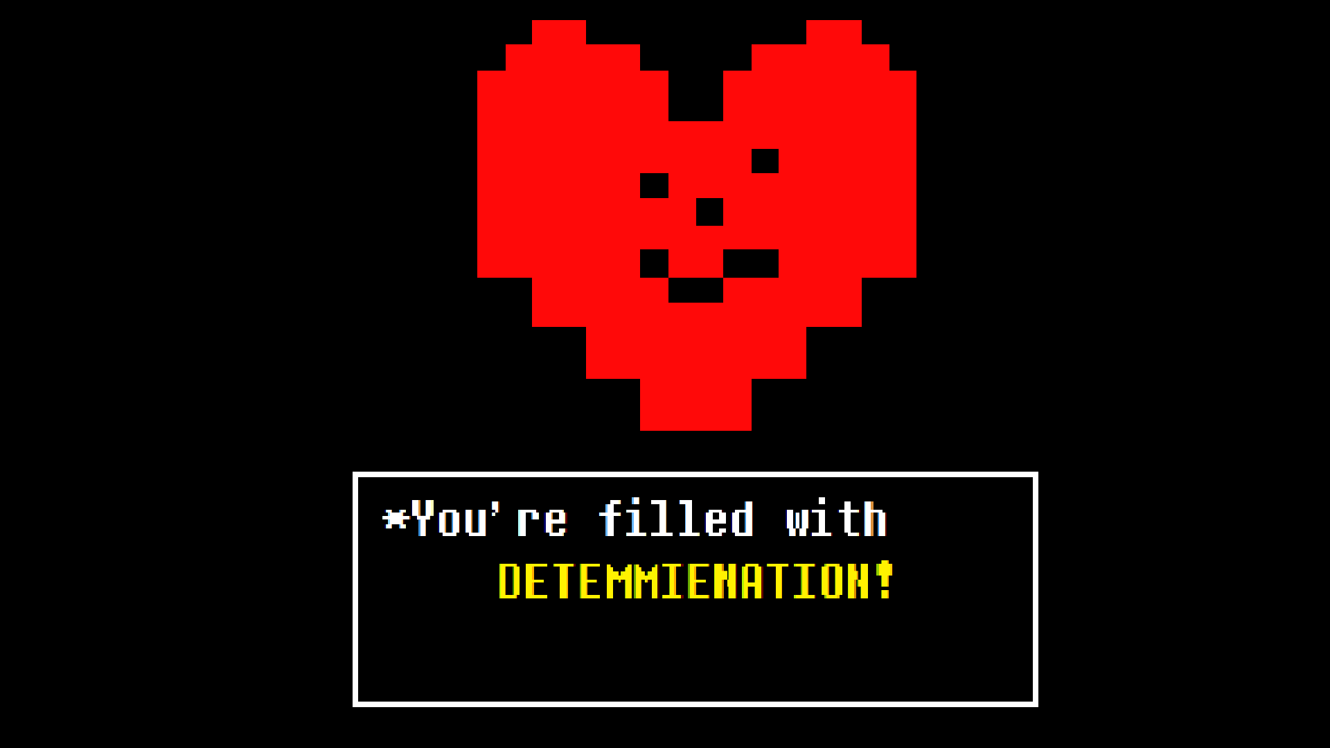 HD PC desktop wallpaper featuring Temmie from the video game Undertale: a pixelated red heart with a face and a dialog box reading You're filled with DETEMMIENATION!