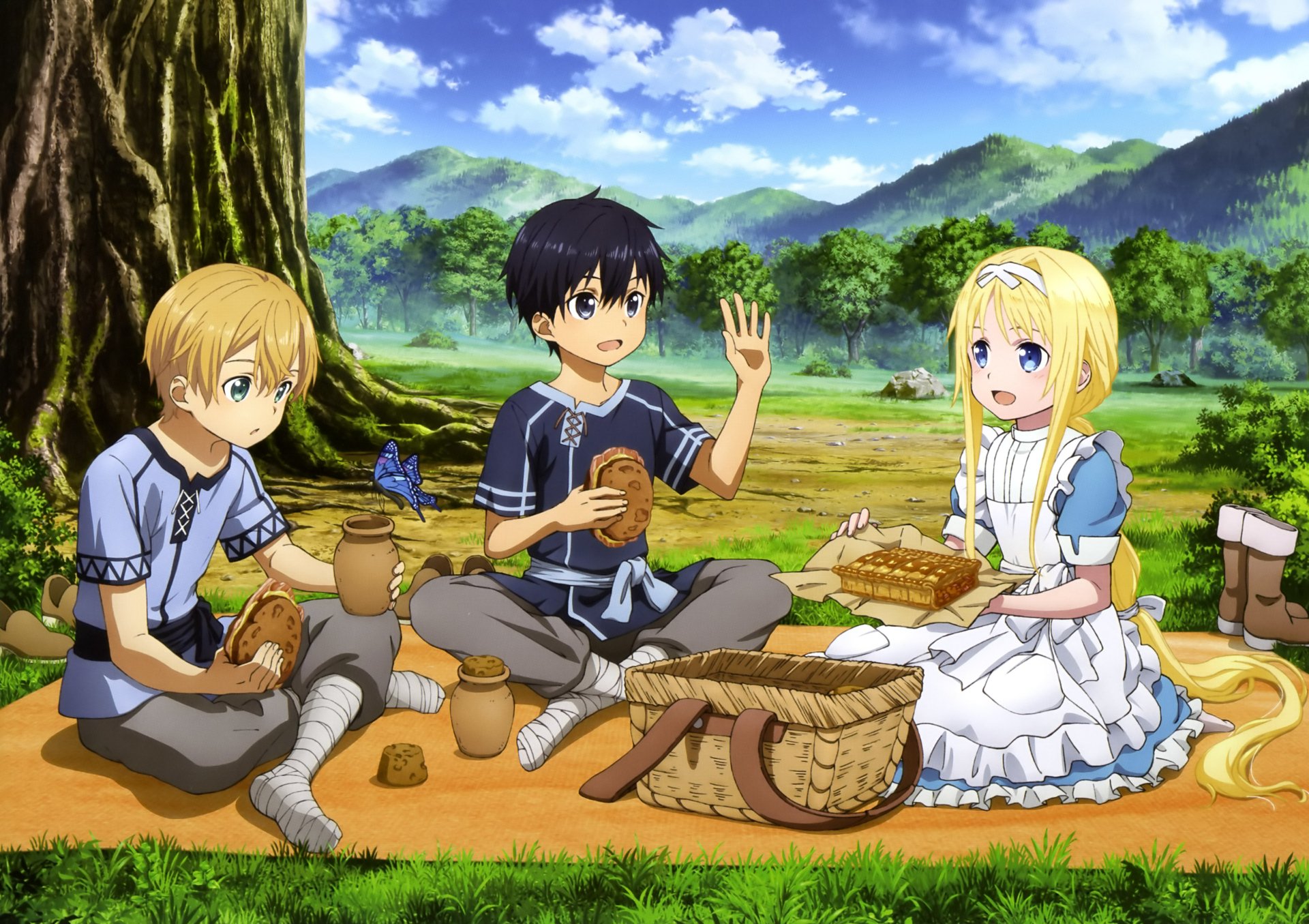 HD anime wallpaper featuring Eugeo, Kirito (Kazuto Kirigaya), and Alice Zuberg from Sword Art Online: Alicization sharing a moment outdoors in a lush forest setting.