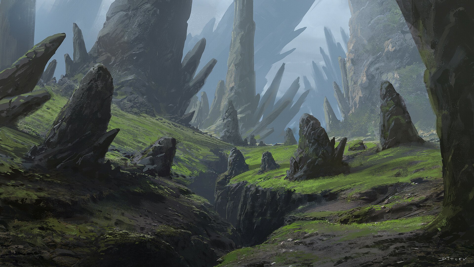 A fantasy landscape featuring towering jagged rock formations and lush green moss, rendered in high-definition for a PC desktop wallpaper and background.