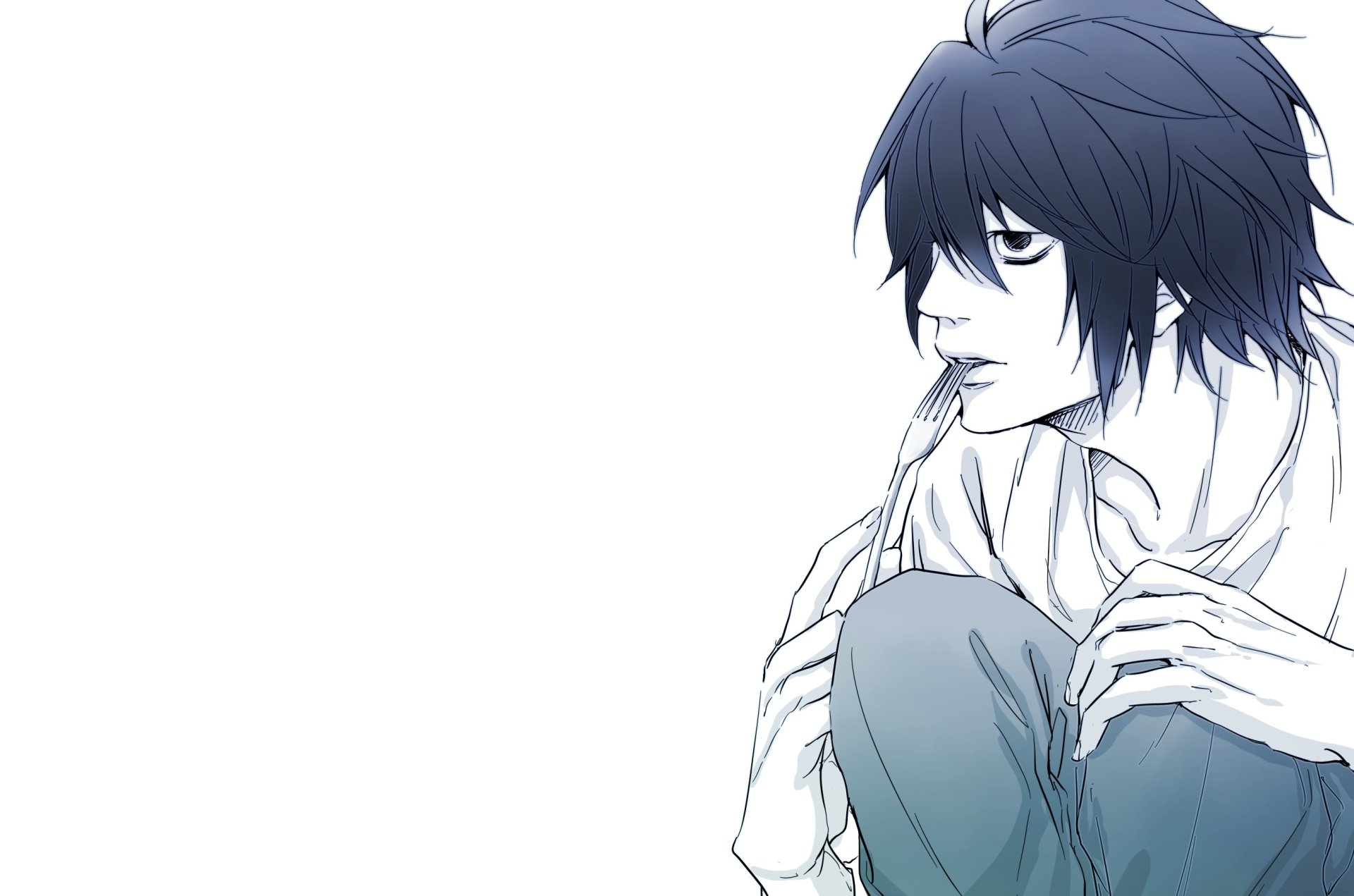 L from Death Note, a character from the popular anime series, portrayed in a high-quality desktop wallpaper.