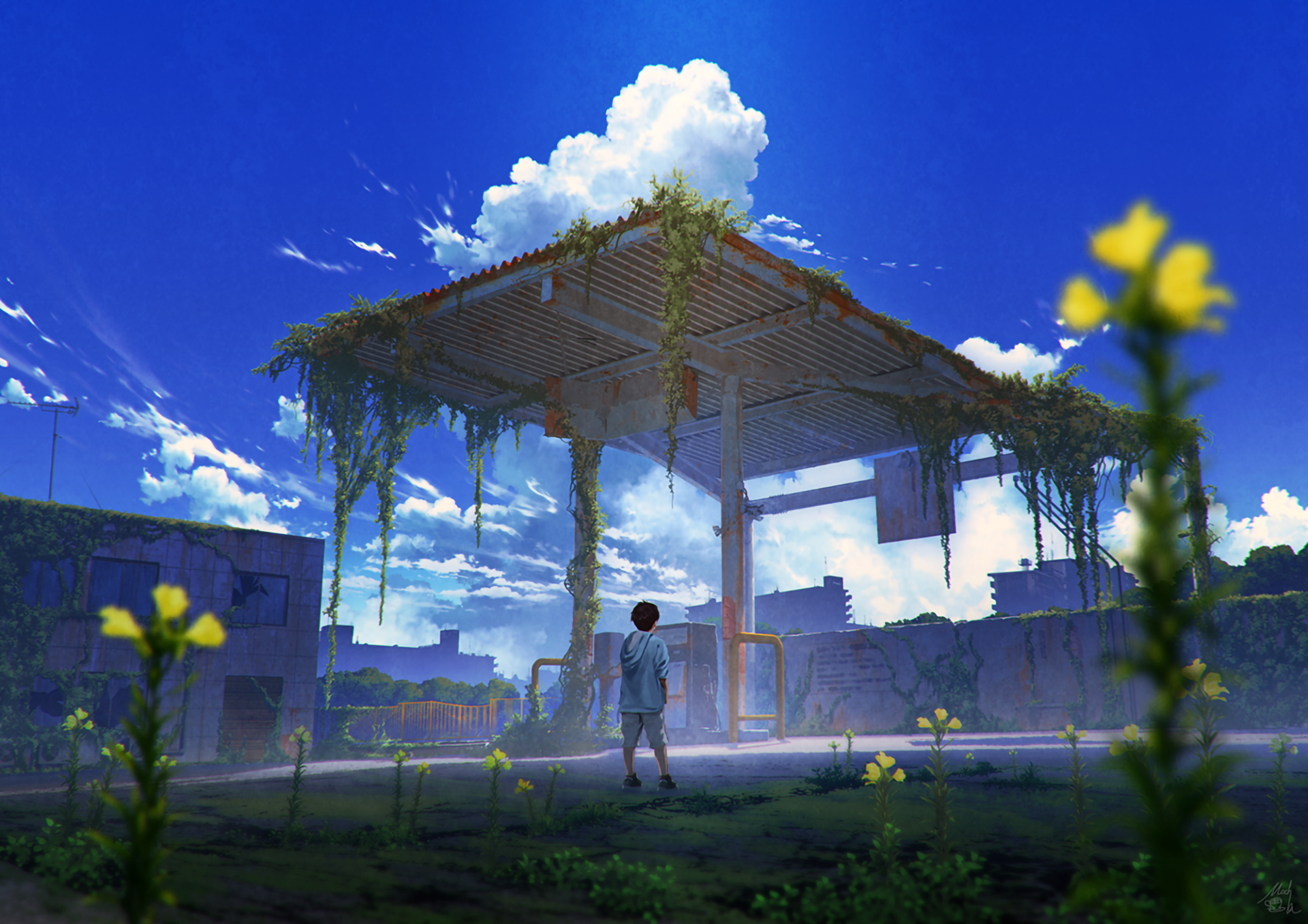 Anime-inspired HD desktop wallpaper depicts a serene, abandoned park setting in a city under a bright, blue sky. A lone character stands under a decaying structure adorned with vines and surrounded by yellow flowers.