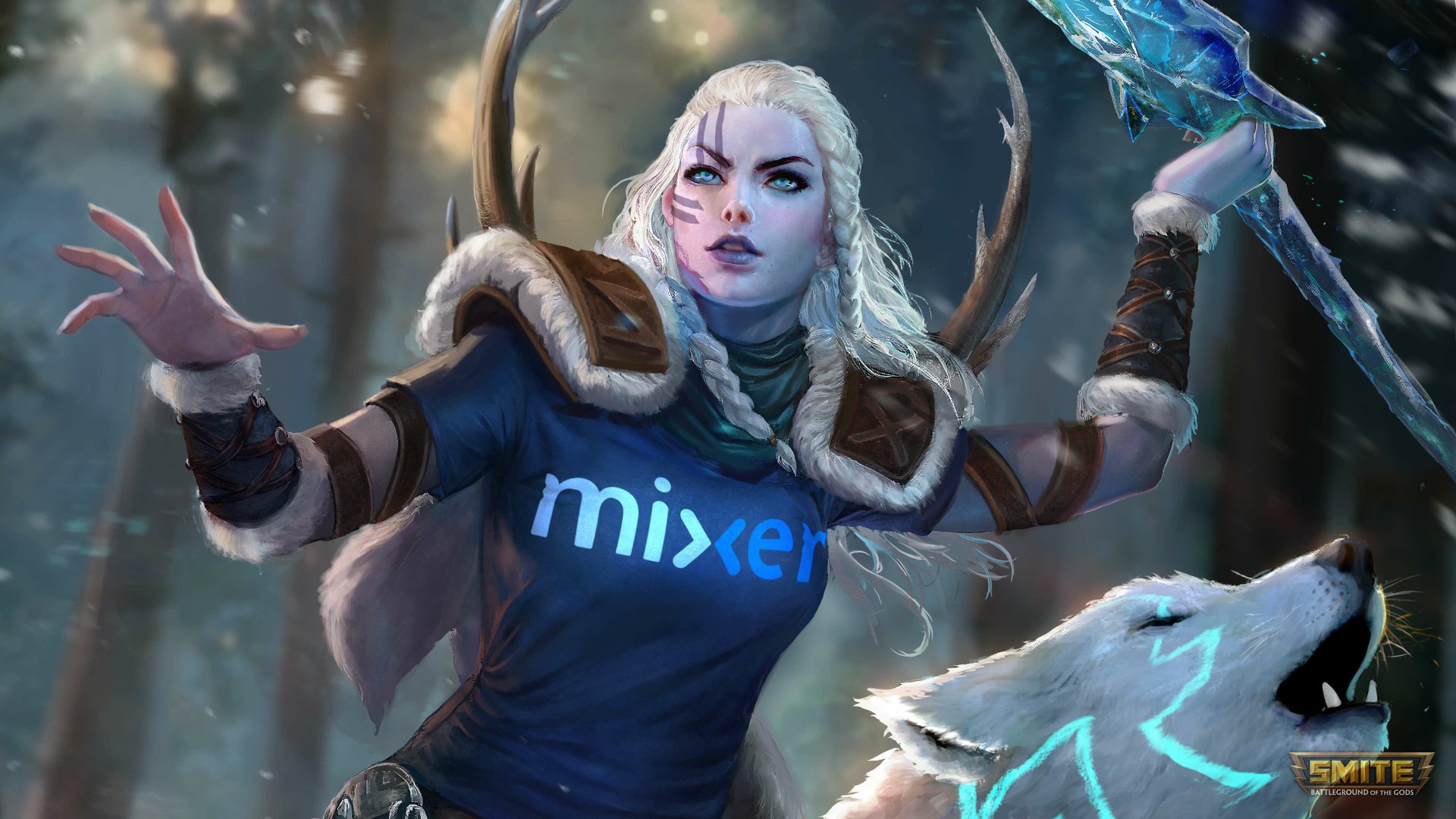 Download Green Eyes Blonde Spear Wolf Skadi (Smite) Video Game Smite 4k Ultra HD Wallpaper