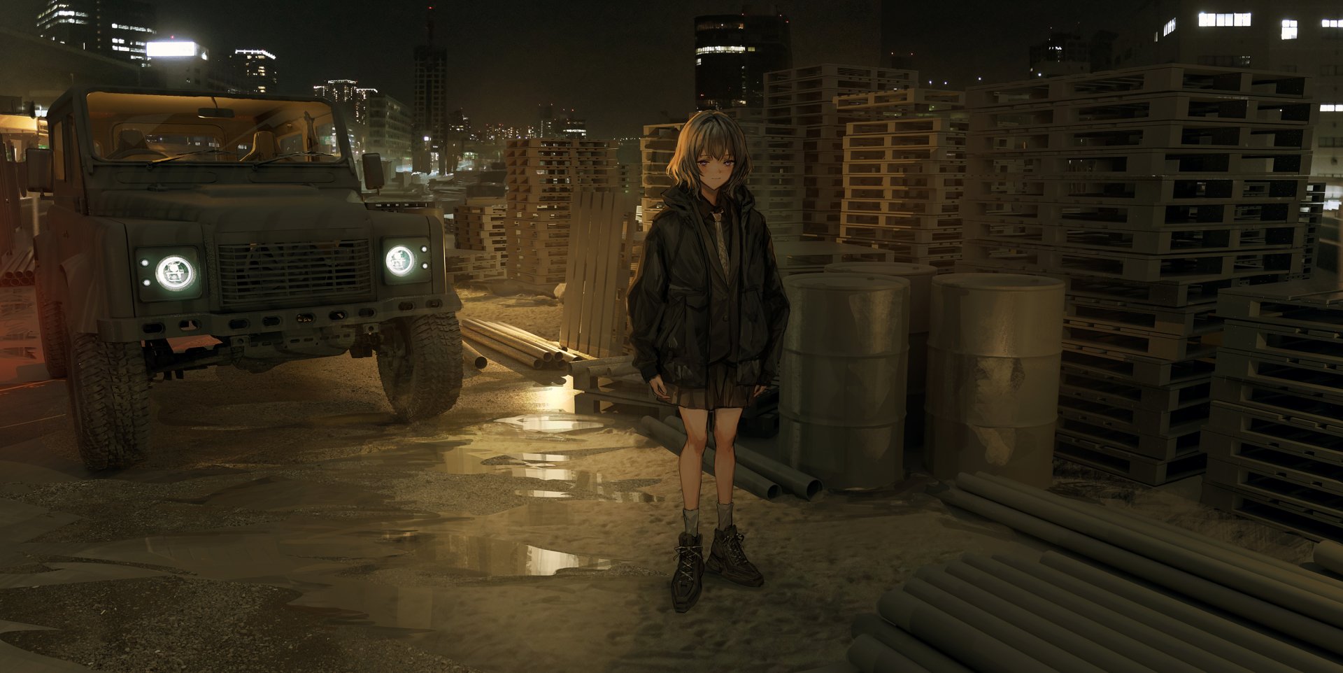 HD anime-style desktop wallpaper featuring a character standing in an industrial setting with a rugged car and stacks of crates under dim lighting.