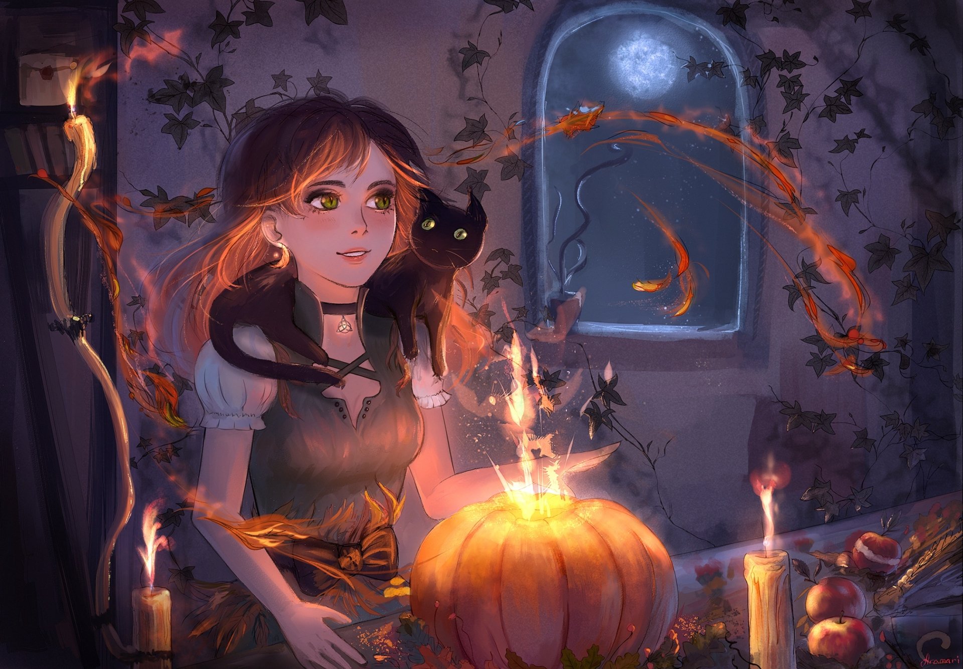 HD Halloween-themed desktop wallpaper featuring a girl with orange hair and green eyes, holding a glowing pumpkin candle, accompanied by a black cat under a moonlit window.