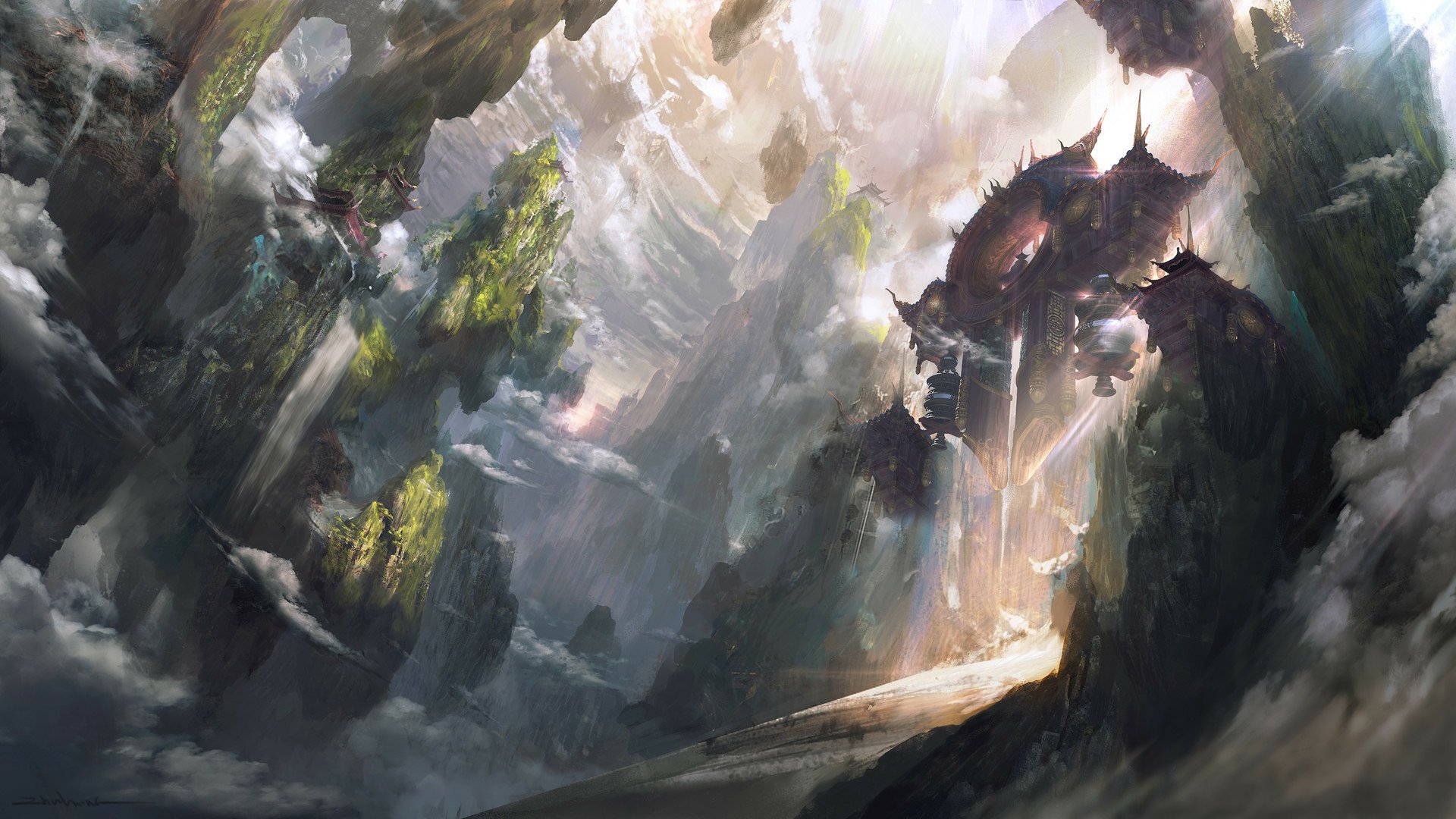 A fantasy landscape featuring a massive, ancient gate nestled among towering cliffs and misty valleys, rendered in high detail as an HD PC desktop wallpaper.