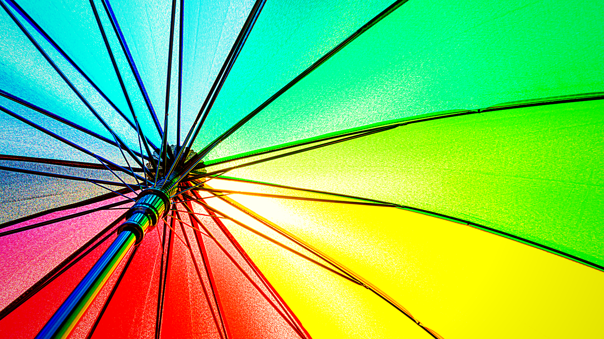 Photograph of a rainbow umbrella canopy in vivid colors, radiating spokes — 4K Ultra HD PC desktop wallpaper and background.