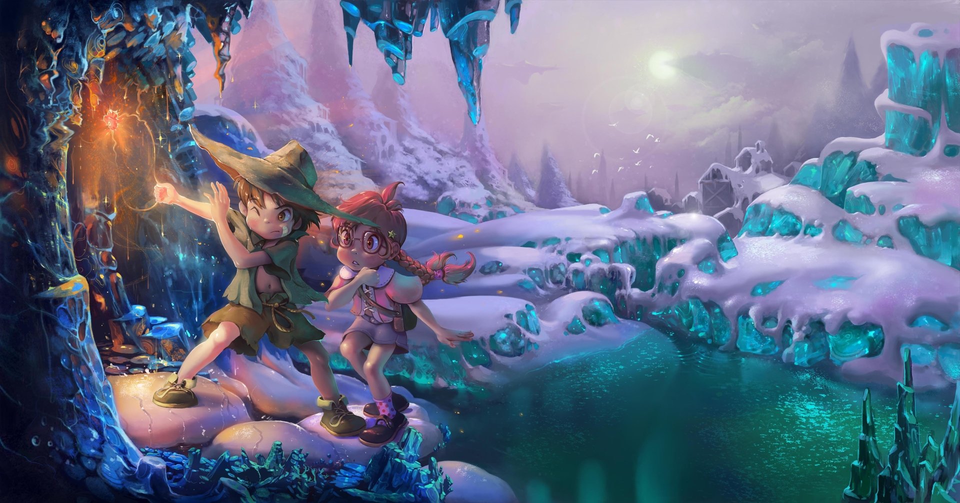 4K Ultra HD PC desktop wallpaper showing two children in a magical winter fantasy: glowing crystals, icy lake, lantern light and aurora-tinted sky.