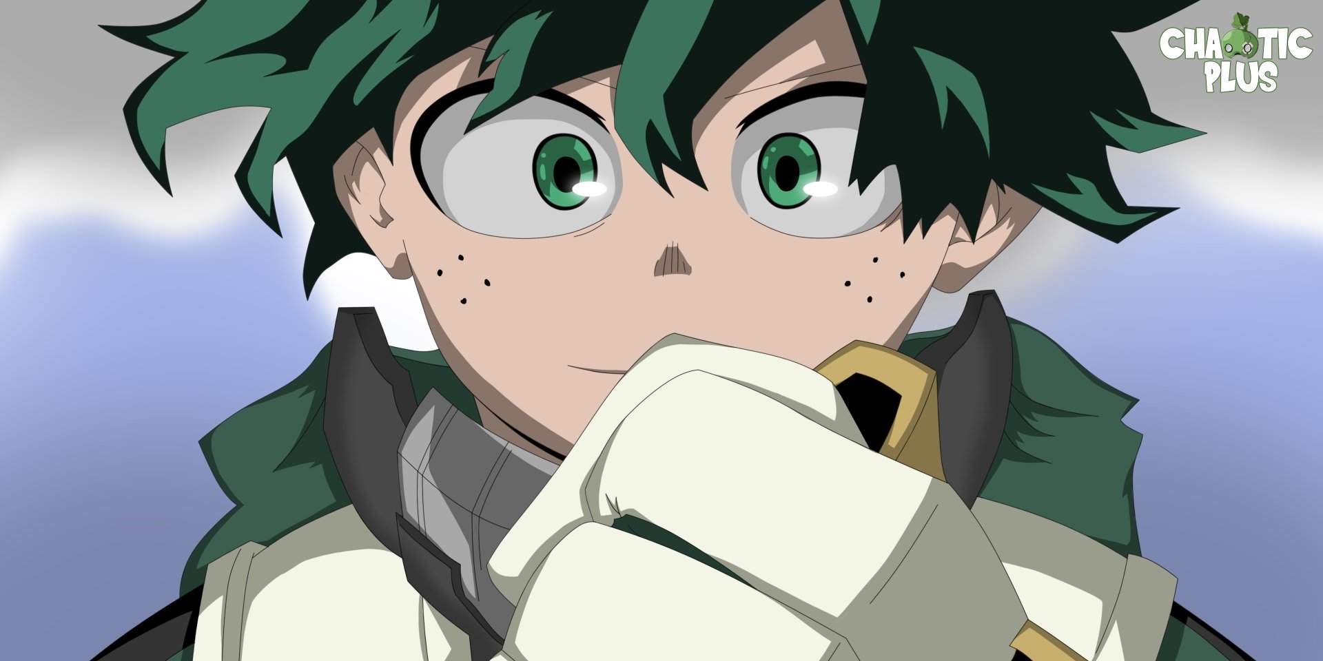 HD PC desktop wallpaper featuring Izuku Midoriya from the anime My Hero Academia with a focused expression and green hair against a light sky background.