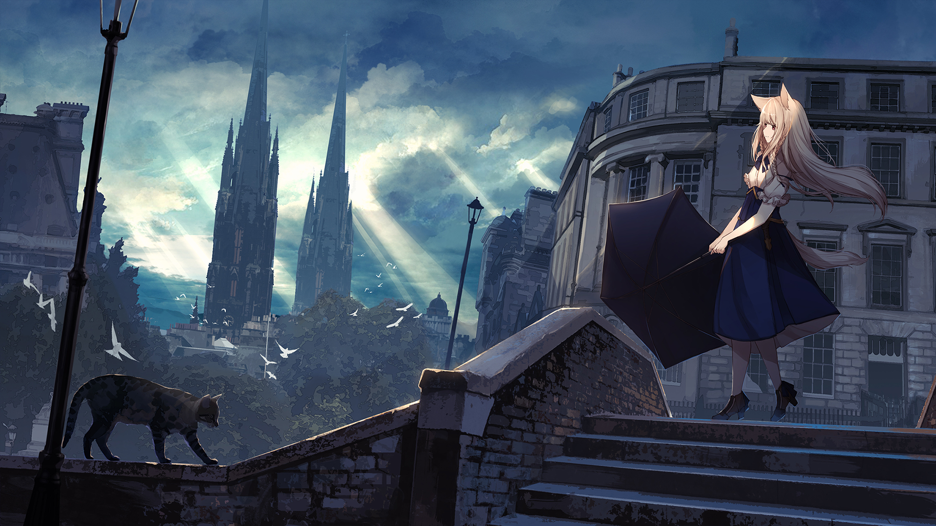 Anime-style scene of a white-haired girl with red eyes and cat ears holding an umbrella in a city at dusk, with clouds, gothic towers, and a black cat nearby.