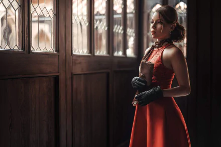 red dress glove brunette woman model HD Desktop Wallpaper | Background Image