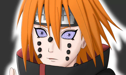 HD PC desktop wallpaper: close-up anime portrait of Naruto’s Animal Path (Pain) with orange hair, concentric Rinnegan eyes, facial piercings and black Akatsuki cloak.