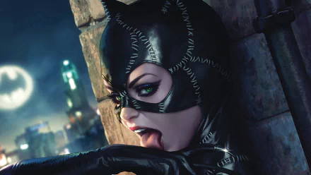 HD PC desktop wallpaper featuring Catwoman in her iconic stitched black suit, set against a dark cityscape with a full moon in comic style.