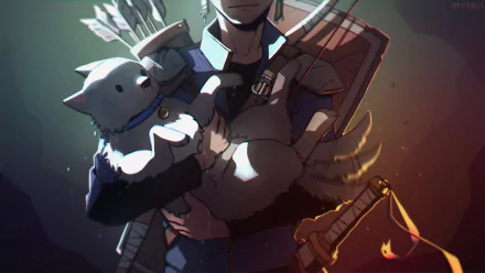 Sven (Minecraft), armored archer cradling a white fox pup with bow and quiver behind him — 2K Quad HD PC desktop wallpaper/background, video game Minecraft.