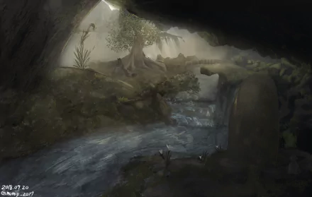 Anime-style HD wallpaper depicting a mystical cave scene with a flowing river, lush trees, and subtle animal ears integrated into the landscape.