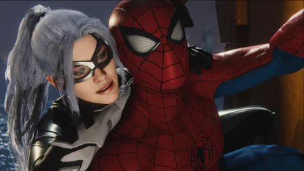 HD PC desktop wallpaper: Spider-Man (PS4) and Black Cat (Marvel Comics) share a close-up, video-game style pose.