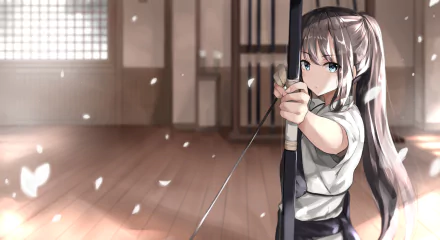 HD anime-style original artwork of a focused girl drawing a bow in a traditional dojo, captured as a vibrant PC desktop wallpaper.