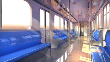 HD desktop wallpaper featuring an anime-style interior of a brightly lit train with blue seats and reflective floors.