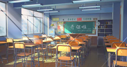 HD desktop wallpaper of an empty anime-style classroom, featuring rows of chairs and desks, a clock, and a chalkboard, with sunlight streaming through large windows.