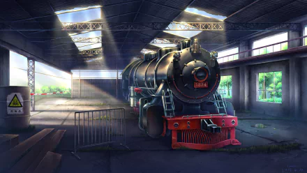 Anime-style 4K Ultra HD PC desktop wallpaper featuring a detailed steam train inside a sunlit train depot with vibrant lighting and shadows.