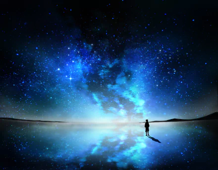 Anime-style HD desktop wallpaper depicting a lone figure standing under a vibrant, starry night sky reflected on calm water, blending original art with cosmic beauty.