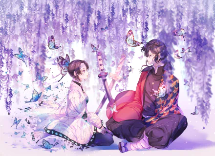 HD anime desktop wallpaper featuring Giyuu Tomioka and Shinobu Kochou from Demon Slayer: Kimetsu no Yaiba surrounded by purple wisteria flowers and butterflies.