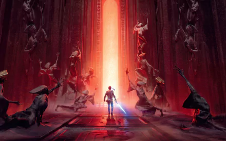 HD PC desktop wallpaper from the video game Star Wars Jedi: Fallen Order, featuring a lone Jedi with a lightsaber facing a towering red-lit doorway surrounded by shadowy figures.
