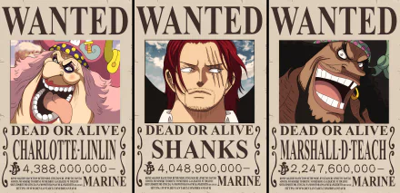 HD One Piece desktop wallpaper featuring wanted posters of Charlotte Linlin, Shanks, and Marshall D. Teach from the anime series.