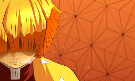 Zenitsu Agatsuma from Demon Slayer: Kimetsu no Yaiba in vivid anime style, set against an orange geometric background, 4K Ultra HD PC desktop wallpaper.