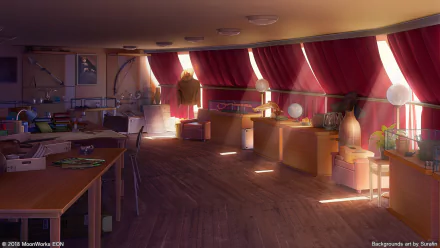 HD anime-style interior of a cozy room with warm lighting, wooden floors, and red curtains, designed as a detailed PC desktop wallpaper background.