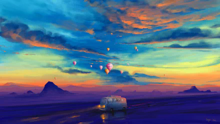 HD anime wallpaper featuring a bus driving under a vibrant sky with hot air balloons soaring in the distance. Warm, colorful hues create a serene and enchanting atmosphere.
