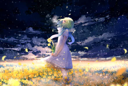 Anime-style original artwork of a girl with green hair in a white dress standing in a daffodil field at dusk, surrounded by glowing yellow flowers and a moody sky.
