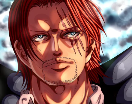 HD PC desktop wallpaper featuring Shanks from the anime One Piece, showcasing his intense gaze and signature red hair against a dynamic background.