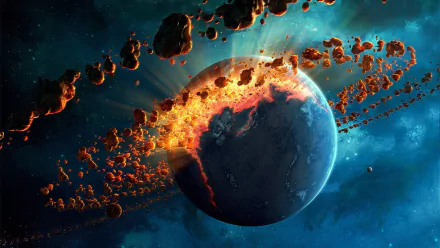 HD Sci-Fi desktop wallpaper showing a planet in space being struck by a fiery asteroid explosion, with fragments and glowing debris surrounding the scene.