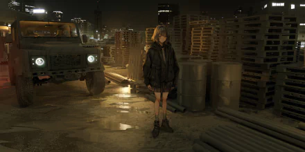 HD anime-style desktop wallpaper featuring a character standing in an industrial setting with a rugged car and stacks of crates under dim lighting.