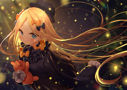 Anime character Abigail Williams from Fate/Grand Order, depicted with long flowing hair, holding a plush toy, set against a dreamy, sparkling background in this HD desktop wallpaper.