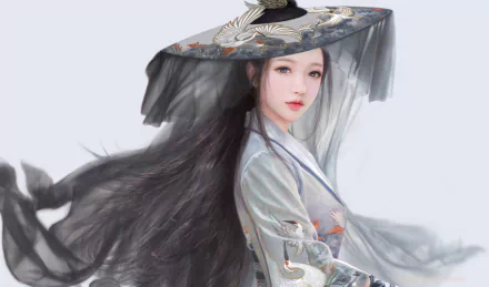 HD PC desktop wallpaper: fantasy portrait of a woman with long black hair wearing an ornate wide‑brimmed hat and a flowing traditional robe
