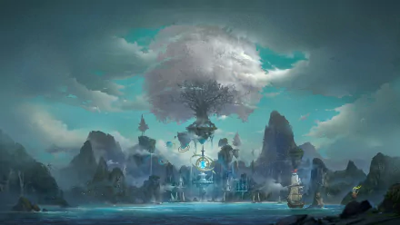 HD PC desktop wallpaper: fantasy landscape of a glowing coastal temple beneath a colossal floating tree island, jagged cliffs, mist, and a lone sailing ship approaching the shore.