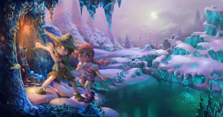 4K Ultra HD PC desktop wallpaper showing two children in a magical winter fantasy: glowing crystals, icy lake, lantern light and aurora-tinted sky.