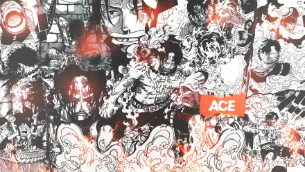 HD desktop wallpaper featuring Portgas D. Ace from the anime One Piece. The collage showcases Ace in various fiery and dynamic poses, capturing his intense and captivating character.