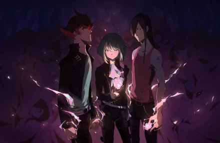 Promare anime 2K Quad HD PC desktop wallpaper: Meis, Mad Burnish, Lio Fotia and Gueira stand amid purple flames, glowing cracks and drifting embers.