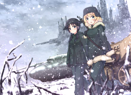 Yuuri and Chito from Girls' Last Tour stand together in a snowy, military-themed winter landscape, depicted in HD anime style for a desktop wallpaper.