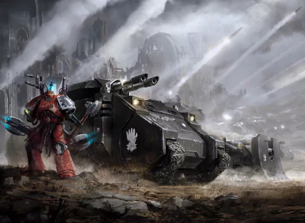 HD PC desktop wallpaper: Iron Hands Space Marine warrior stands by a heavy black tank on a war-torn battlefield — Warhammer 40k video game artwork for desktop background.